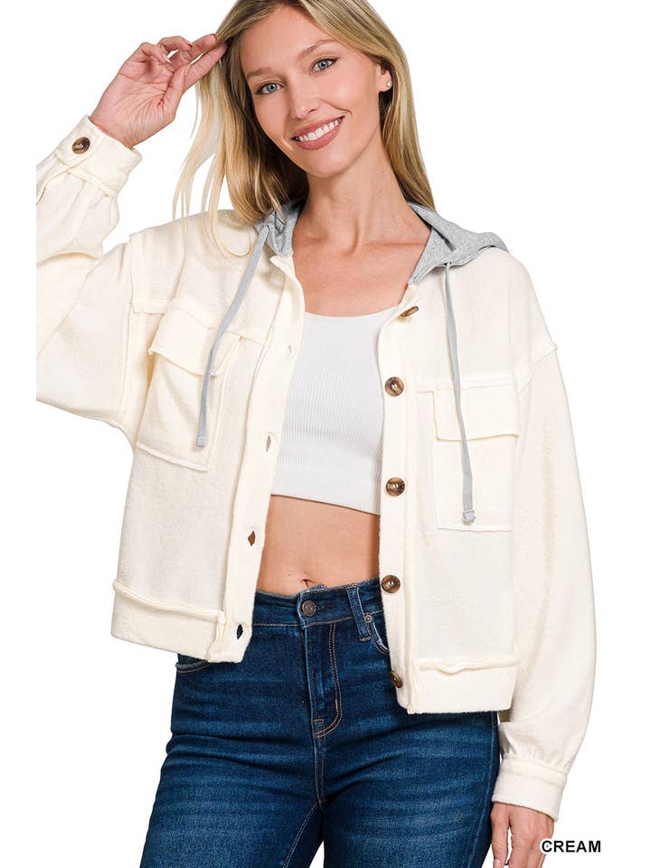 42POPS - Wholesale Shirt Jacket/Shacket - Women's - ...SI-27169 Brushed Hacci Hooded Button Down Shacket