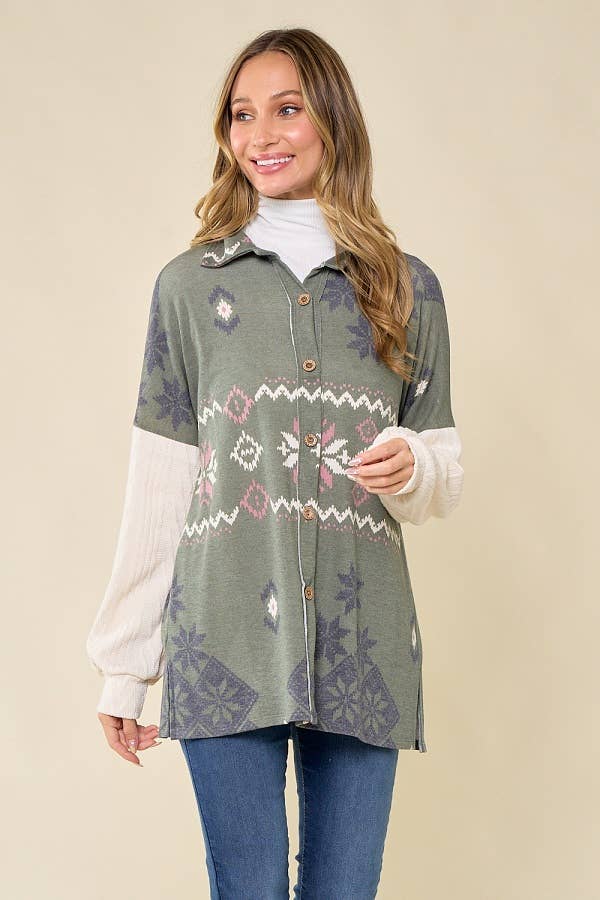 lovely melody - Wholesale Shirt Jacket/Shacket - Women's - LMT3653-Snowflake shacket Print0