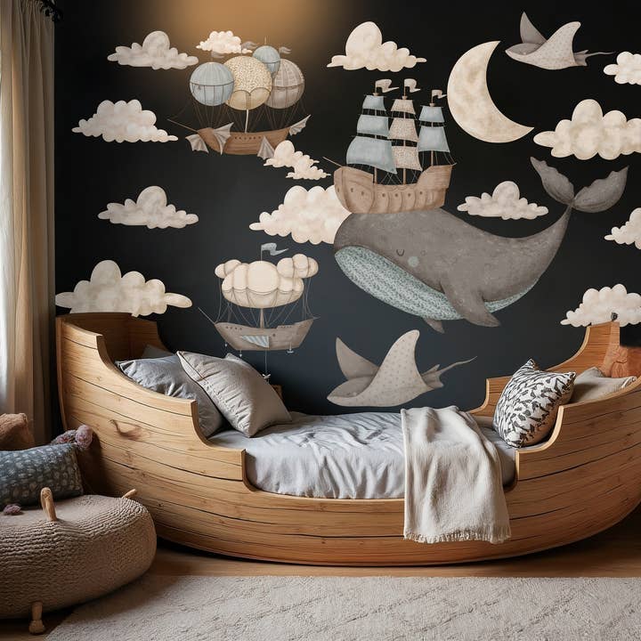 Autocollants muraux pour enfants Baleine Lune, Décalcomanie de pépinière océan aquarelle pour la vente par SimurgWallArts