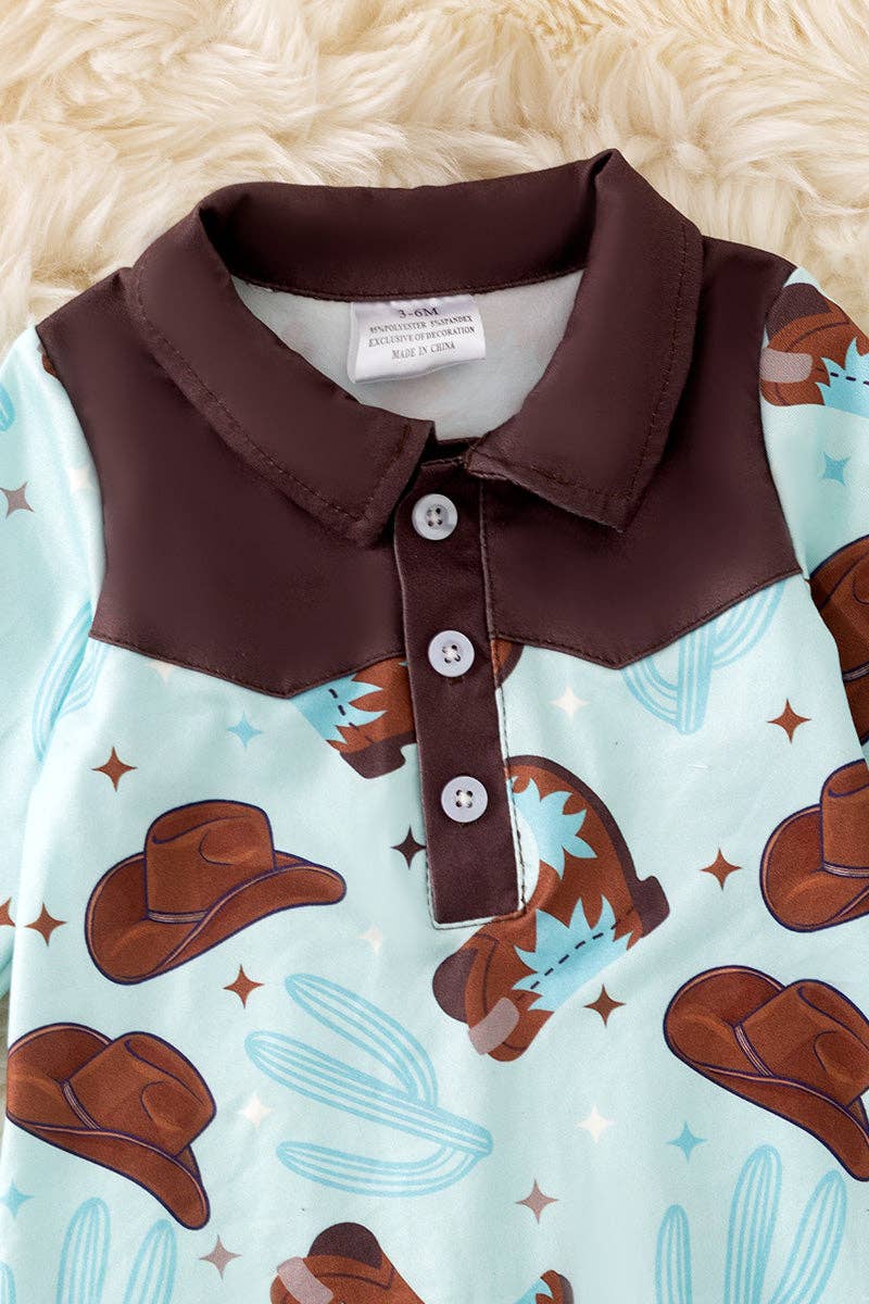 Kids Charm Online - Wholesale Jumpsuit - Baby -  Cowboy boot printed on blue baby bodysuit . RPB50468 AMY1