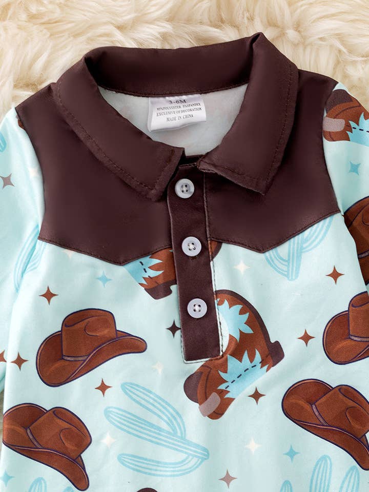 Kids Charm Online - Wholesale Jumpsuit - Baby - Cowboy boot printed on blue baby bodysuit . RPB50468 AMY1