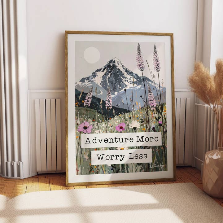 Adventure More Worry Less Print - Inspirational Typography for wholesale by Jude River Design