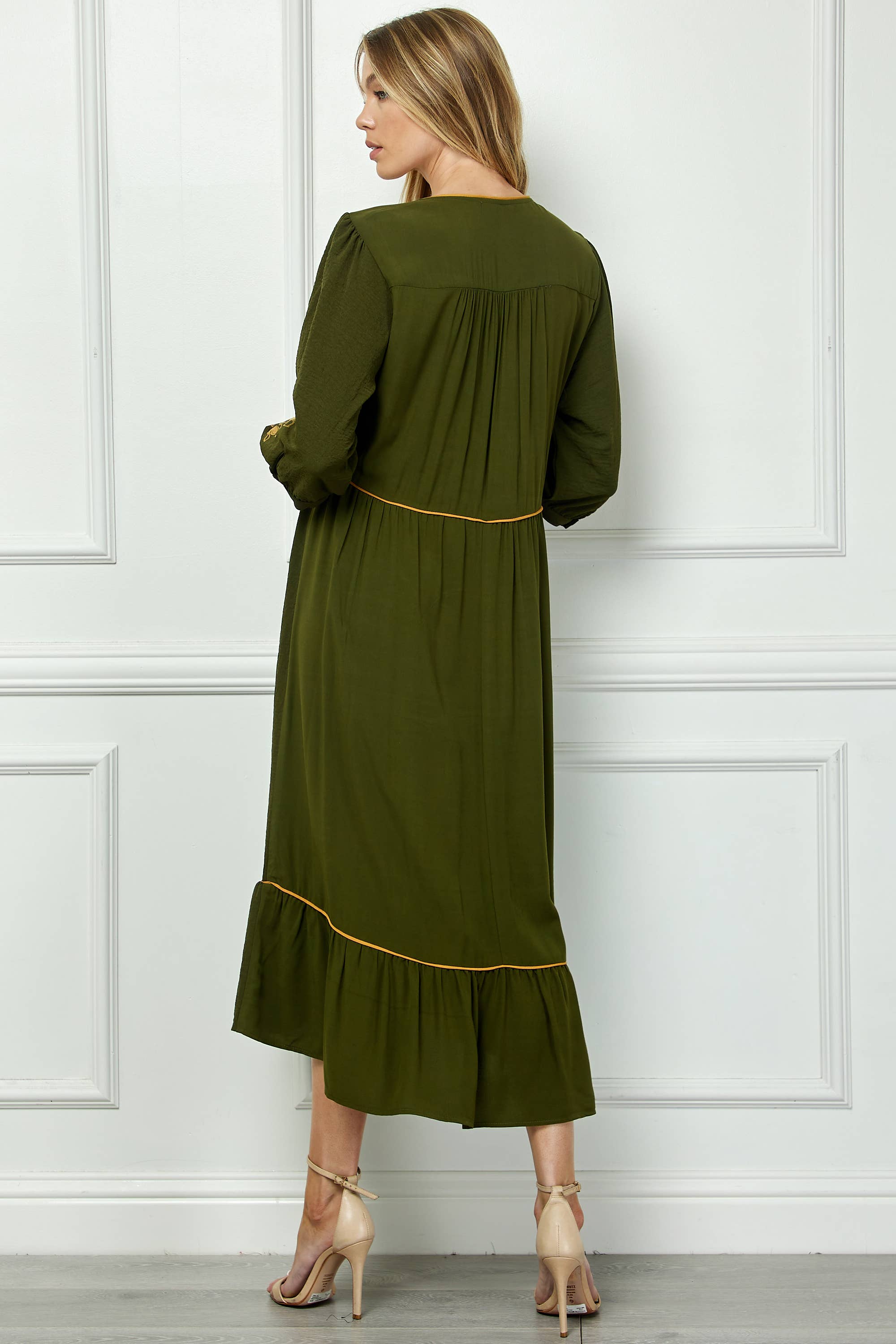 ARMY PIPED FRONT TIERED DRESS WITH EMBROIDERY for wholesale on Faire9