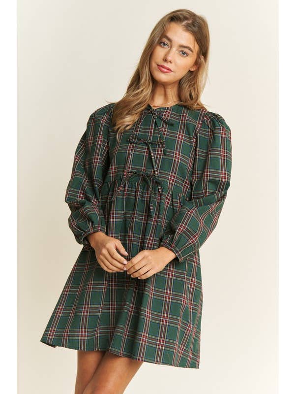 Pink Irene Wholesale - Wholesale Dress - Women's - SOFT PLAID WOVEN FABRIC BABYDOLL BOW MINI DRESS2