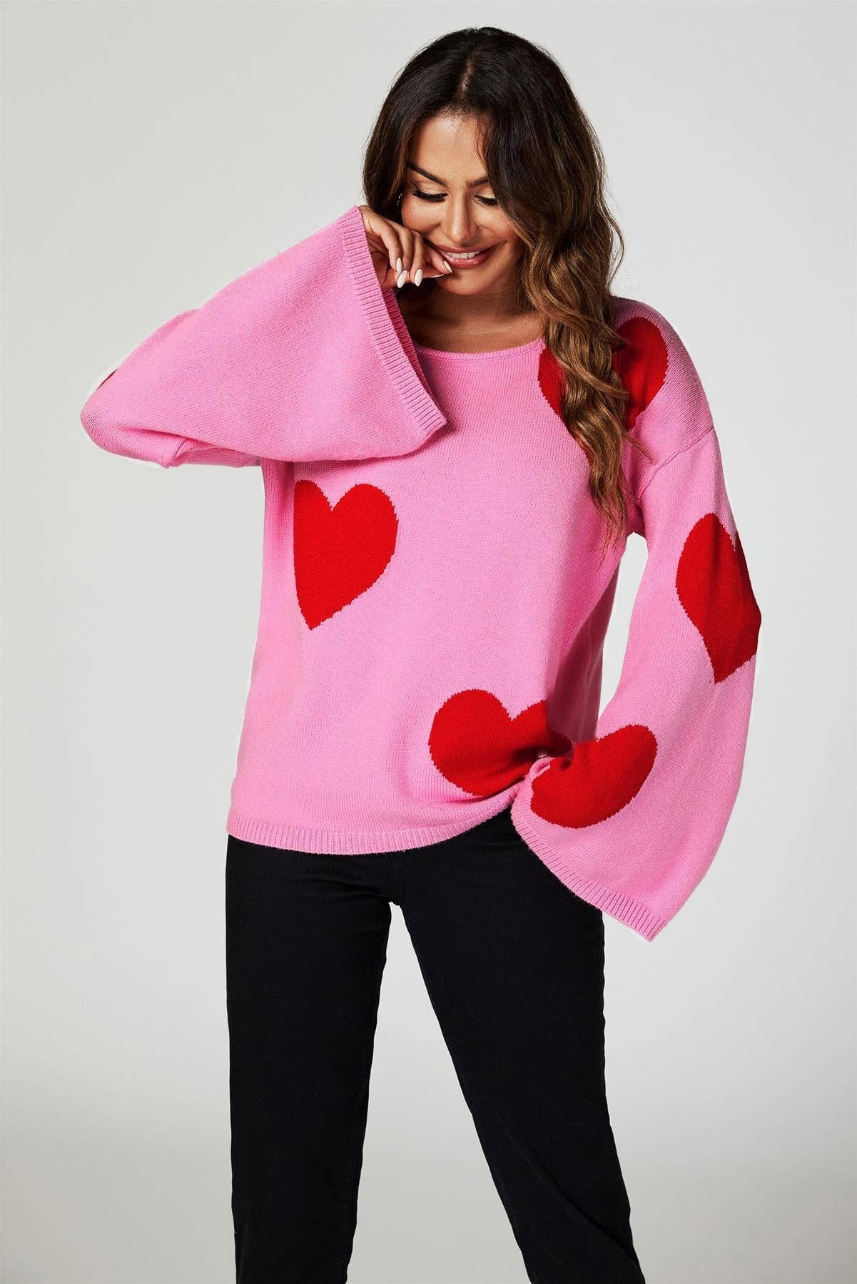 Wide Sleeve Oversize Red Jumper With Pink Heart for wholesale on Faire4