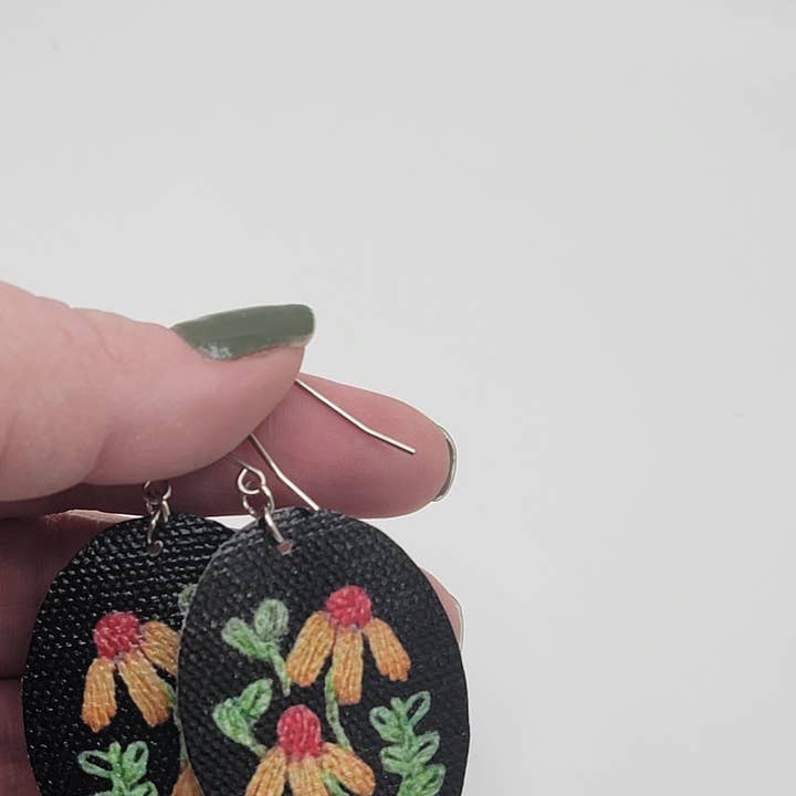 Yellow Flower Earrings for wholesale by Maidenwood Embroidery Designs