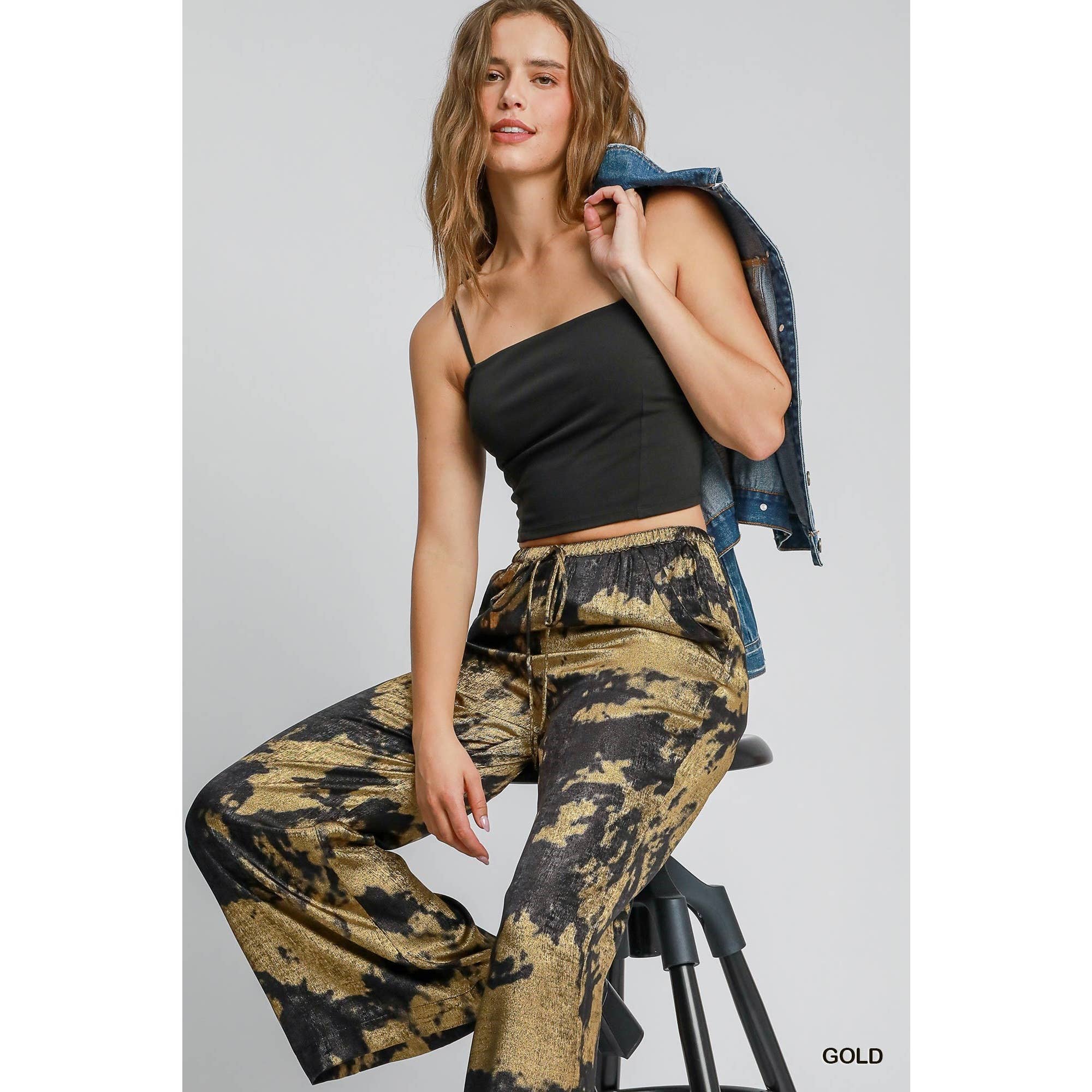 BNS - Wholesale Pants - Women's - Metallic Wide Leg Pants with Pockets n Drawstring3