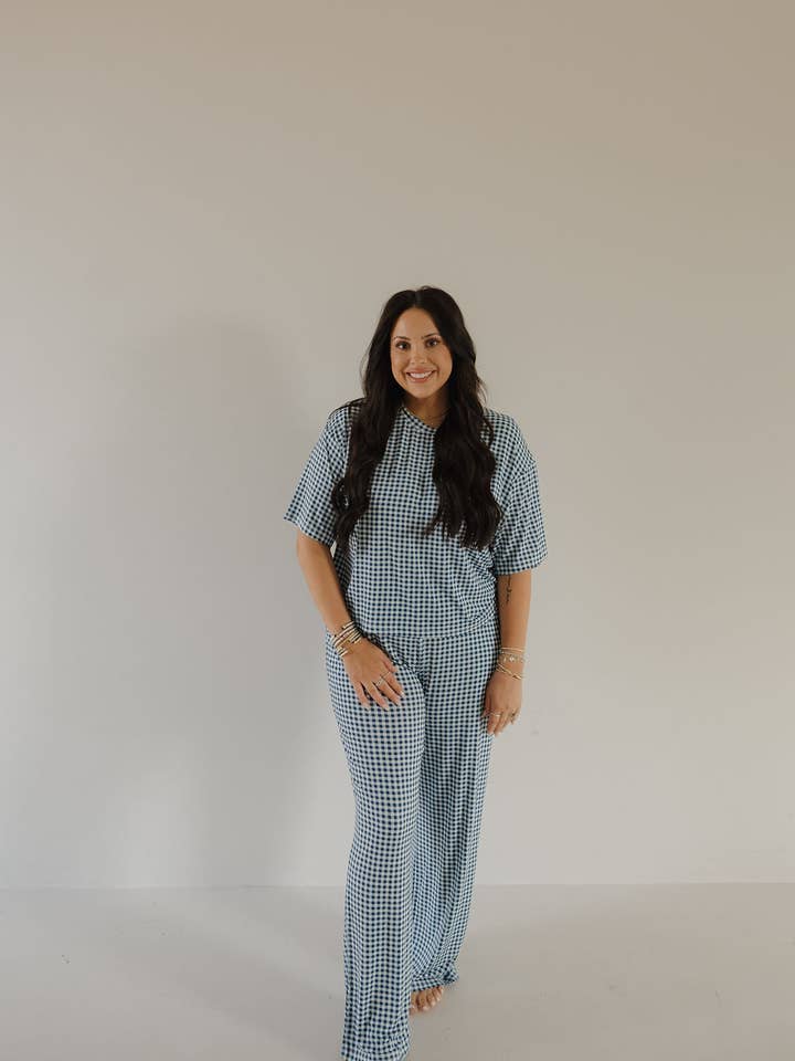 Women's Boxy Tee Lounge Set | Blue Gingham for wholesale by Forever French Baby