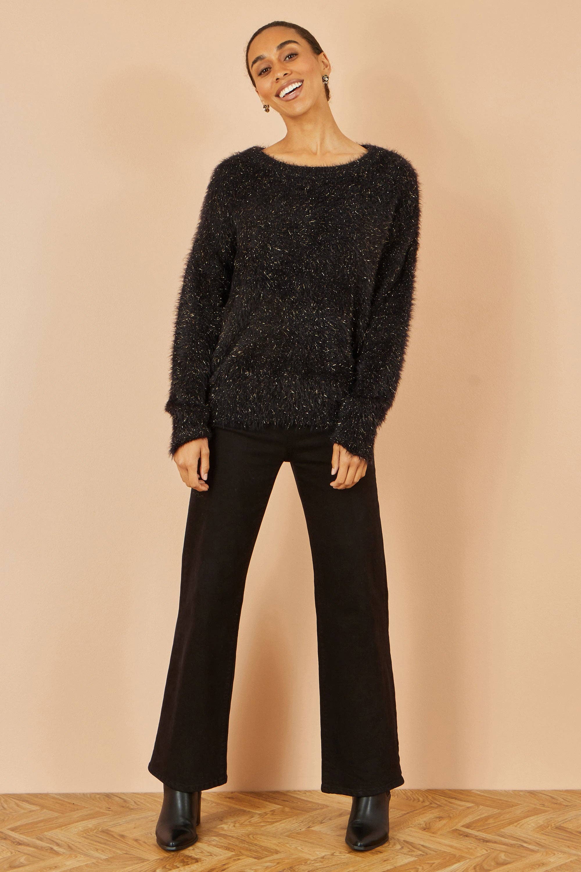 Yumi Black Metallic Fluffy Eyelash Relaxed Jumper for wholesale on Faire2