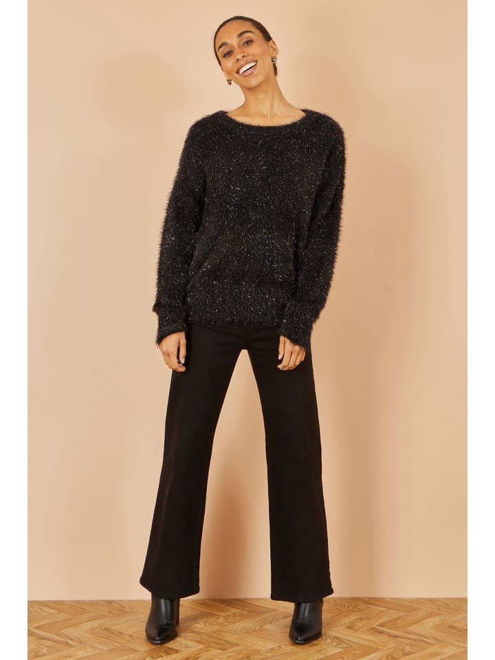 Yumi Black Metallic Fluffy Eyelash Relaxed Jumper for wholesale on Faire2