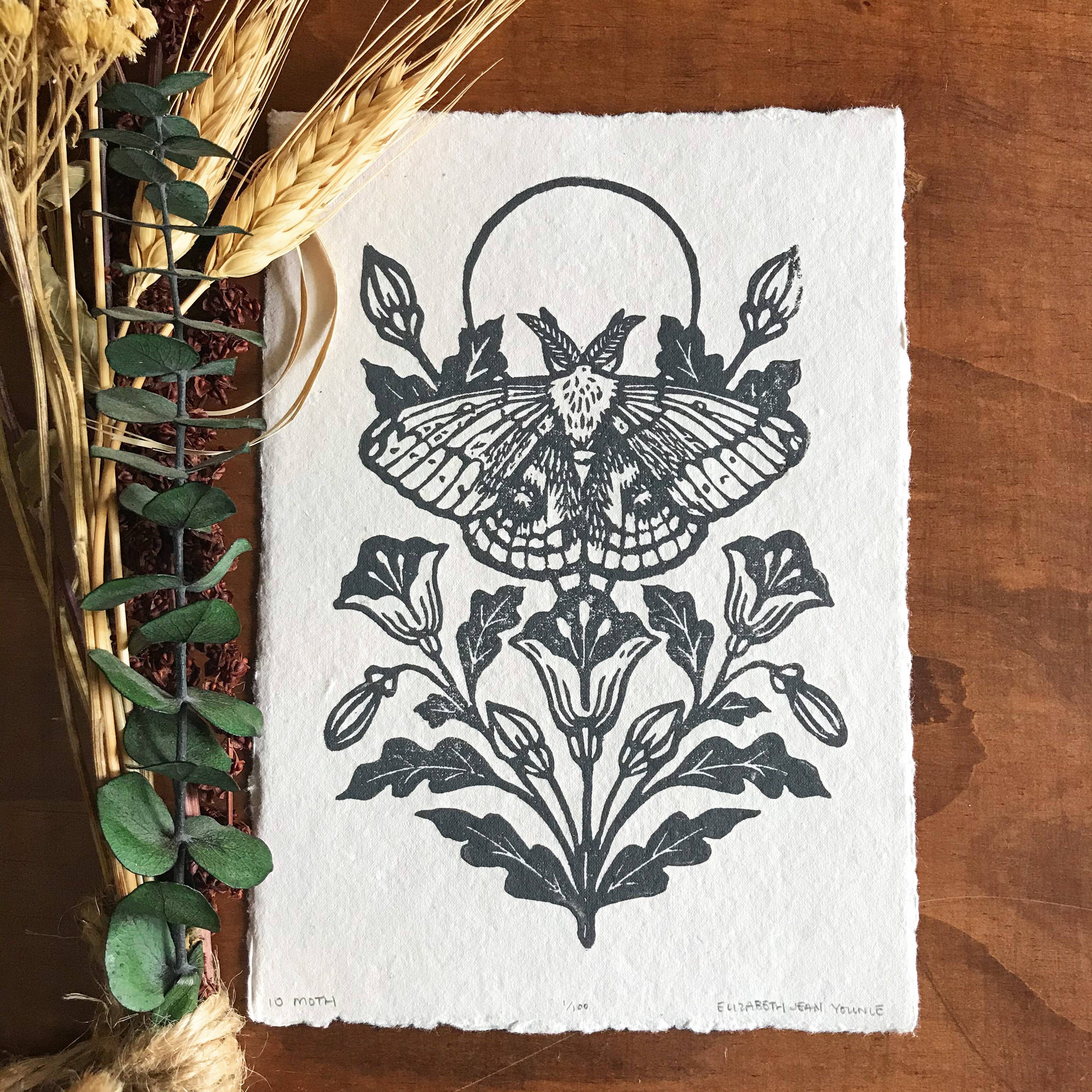 Mustard Beetle - Wholesale Art Print - IO Moth & Poppies Handprinted Linocut on Handmade Paper 5x7"0