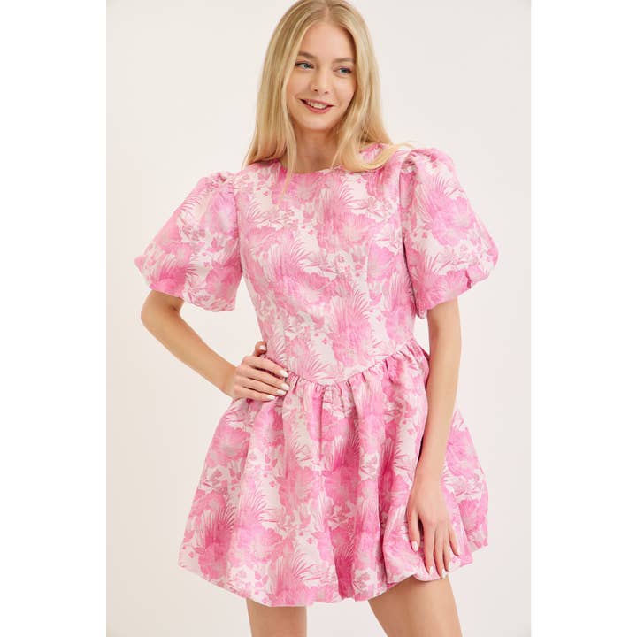 PUFF SLEEVES BUBBLE HEM MINI JACQUARD DRESS for wholesale by LENA