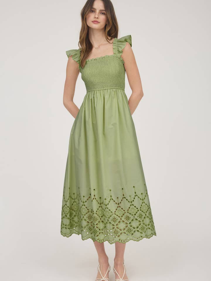 Blu Pepper - Vente Robe – femme - ROBE MIDI À OURLET BRODÉ ANGLAIS AVEC MANCHES VOLANTÉES SMOCKÉES