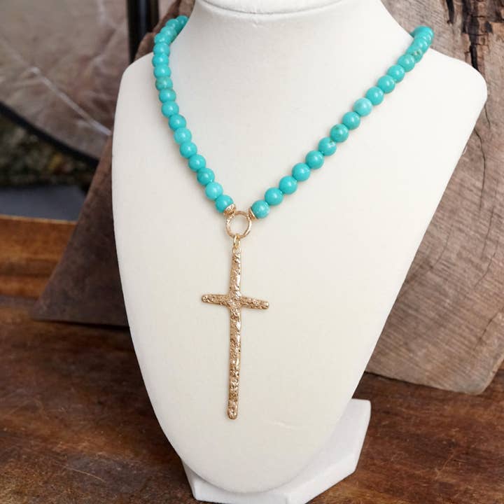 PennyLine inc - Wholesale Beaded/Pearl Necklace - Primitive Cross Necklace Gold Pearl Turquoise Beads