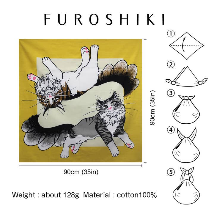 KASHIKO - Wholesale Gift bag - Fabric gift wrap/Furoshiki/Japanese/90cm×90cm Cat Yellow6