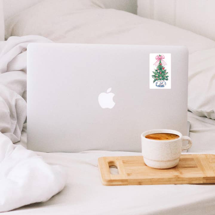 White Vinyl Sticker-Blush & Baubles - A Grand Millennial Christmas Tree for wholesale on Faire1