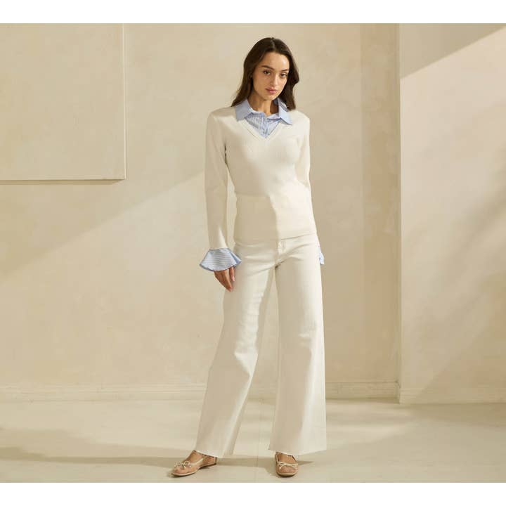 Ivory Sky Sweater Top with Contrast Neck & Cuffs for wholesale on Faire9