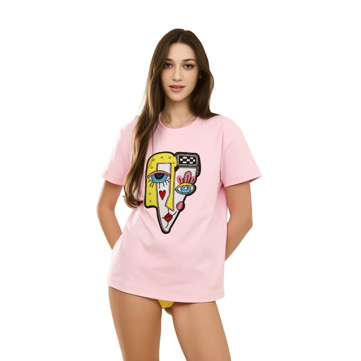 Face Printed & Sequence Embroidered T-Shirt for wholesale by SAHI LONDON LTD