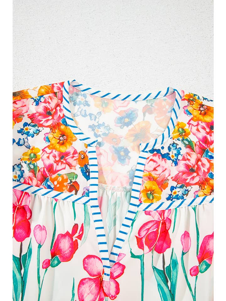 fashionworks - Wholesale Blouse - Women's - Fashion Floral Striped Detail Split Neck Short Sleeve Blouse