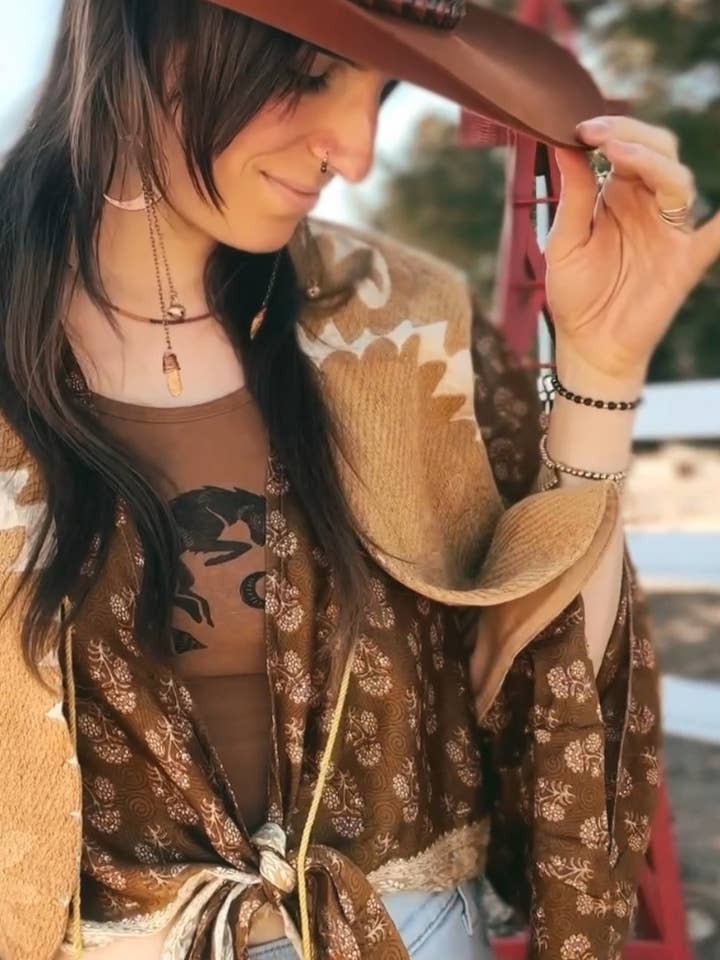 Wylder Trading Company - Wholesale Outerwear Vest - Women's - Boho Western Fringe Cowgirl Hippie Vest Leather Kantha4