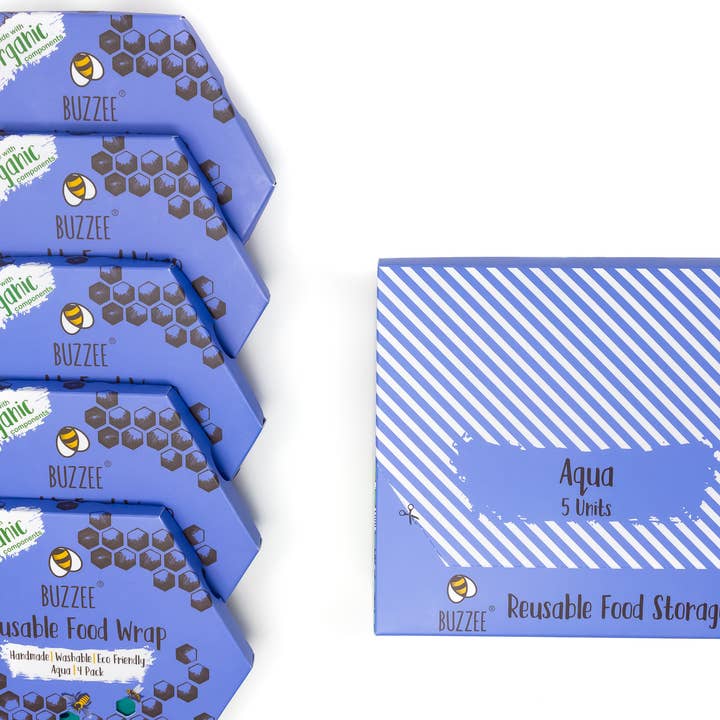 Buzzee - Wholesale Food storage wrap/bag - Reusable Beeswax Food Wraps - AQUA - 4 wraps / Pack7