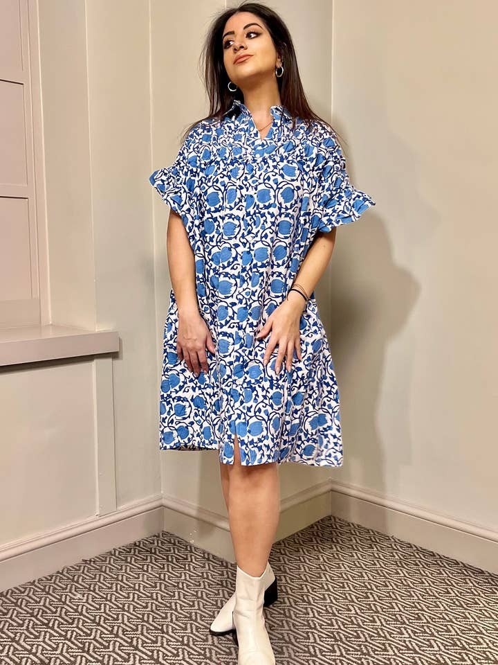 Designerfriday - Venta al por mayor Vestido - Mujer - Vestido Mara Midi Smock Block con estampado de bloques, pedido anticipado