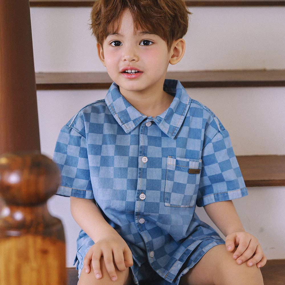 ToTo Heros - Wholesale Button Down Shirt - Kids - Liam Checkerboard Denim Short Sleeve Shirt5