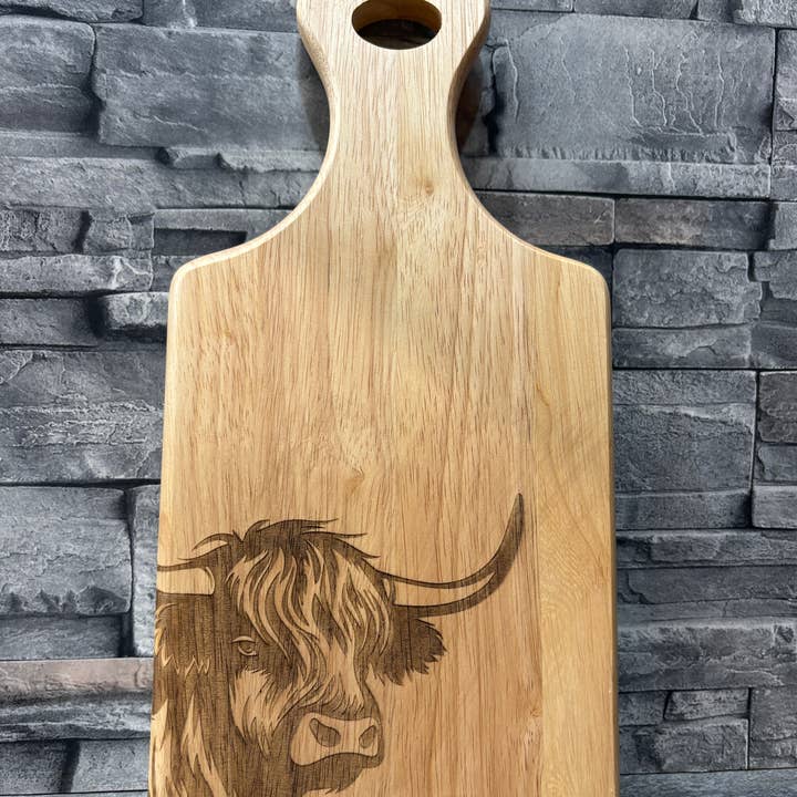 mayos makers – wholesale Cheese board – Highland Cow Engraved Wooden Paddle Board –Serving & Display0