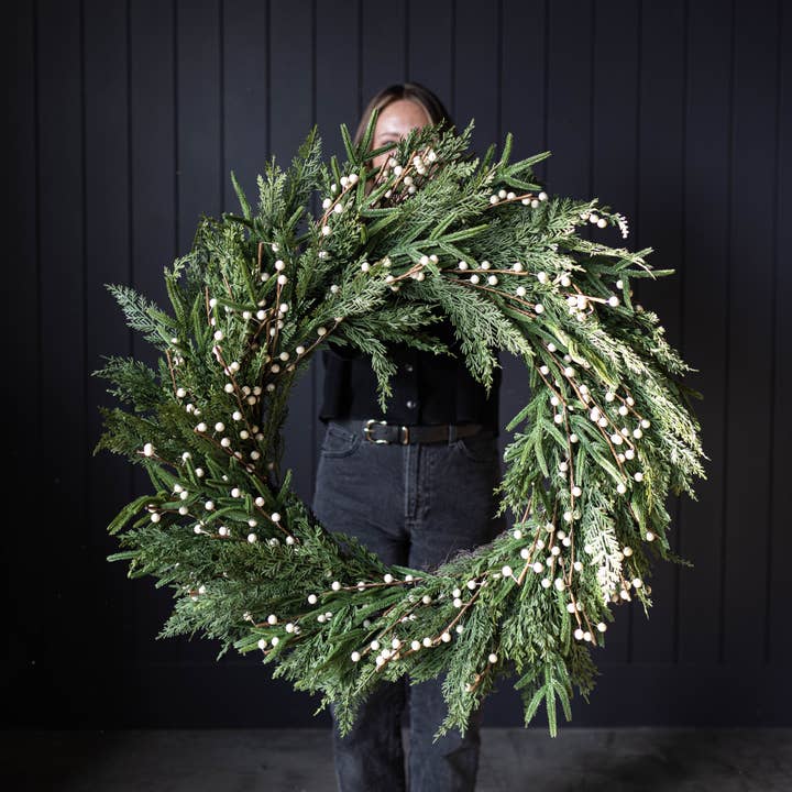 White Plum Berry Norfolk Cypress Real Touch Wreath - 34" for wholesale by Luxe B Co