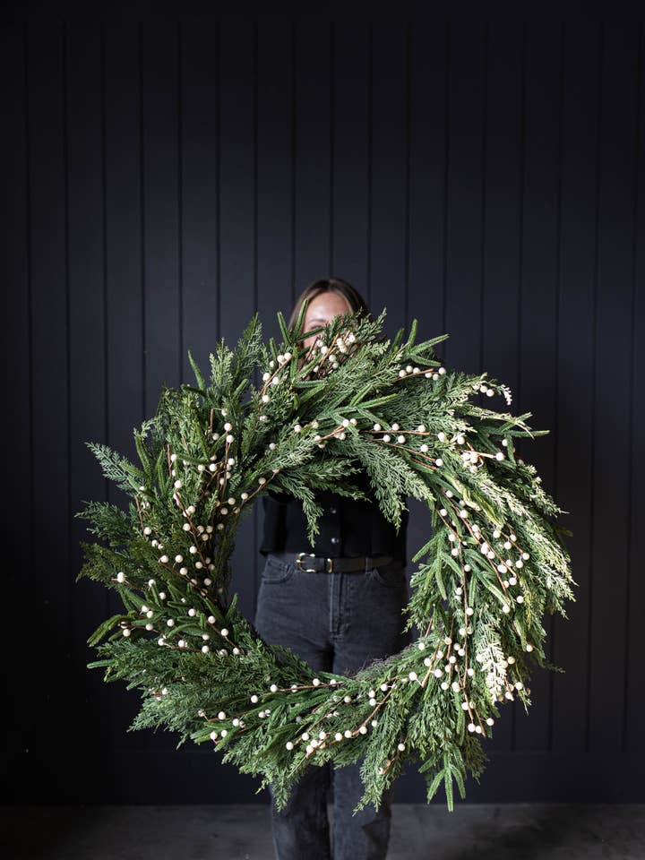 White Plum Berry Norfolk Cypress Real Touch Wreath - 34" for wholesale by Luxe B Co