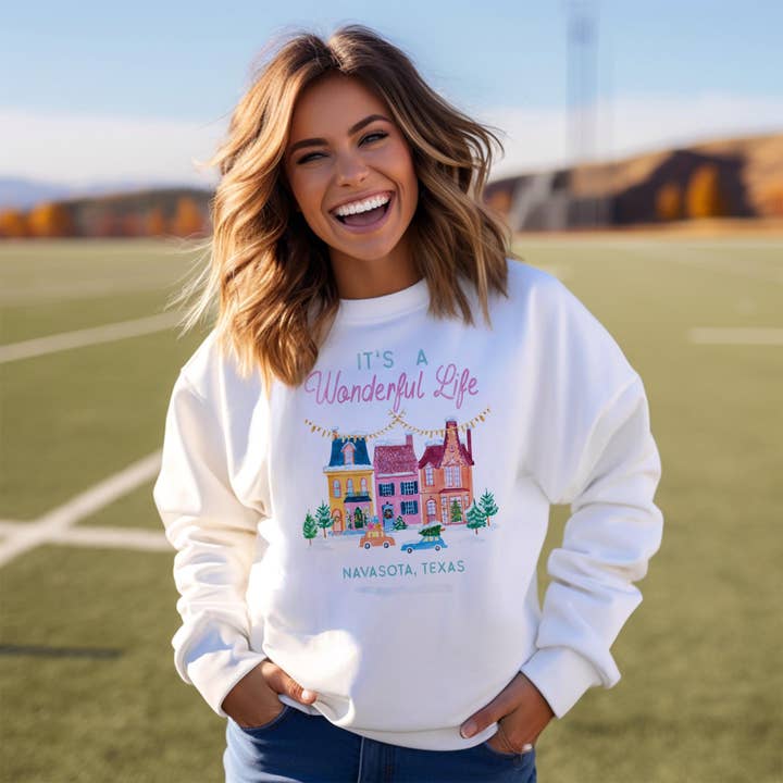 white Gildan Sweatshirt White-It's A Wonderful Life Navasota Texas for wholesale on Faire