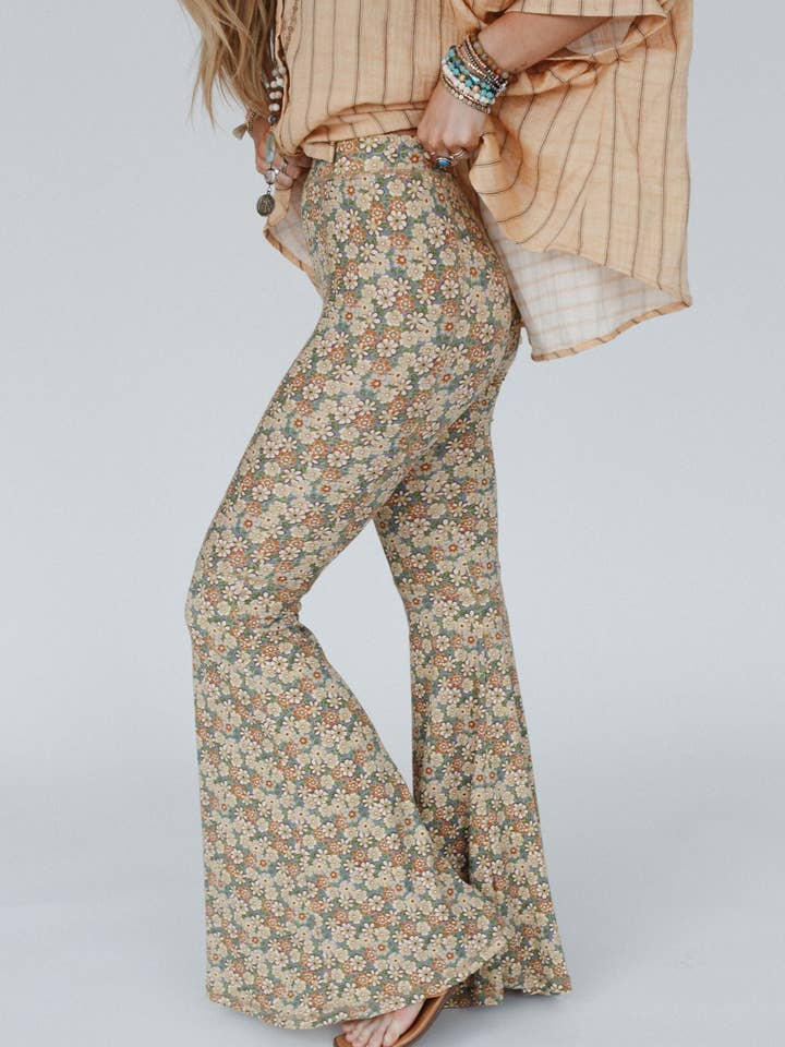 Three Bird Nest - Wholesale Pants - Women's - Dream in Flowers Flare Pants - Denim Khaki