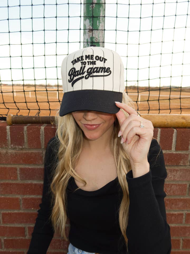 Take Me Out To The Ballgame Black Pinstripe Cap for wholesale by Worthy Hat Co.