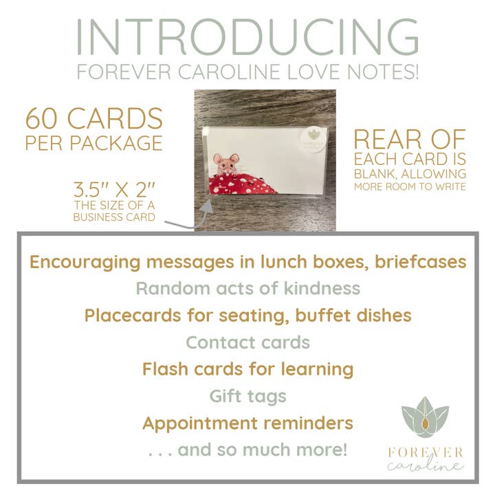 Forever Caroline LLC - Wholesale Stationery/Notecard Set - Mouse & Red Toadstool Tiny Cards | Pack of 60 "Love Notes"2