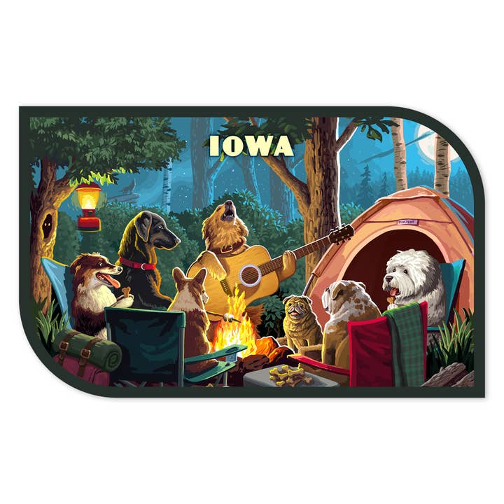 STICKERS Iowa, Pack Life, Dogs Around Campfire for wholesale by Lantern Press