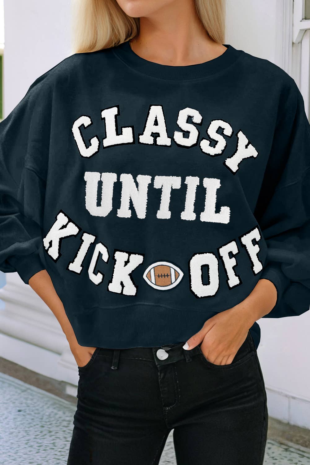 Little Daisy Closet - Wholesale Graphic Sweatshirt - Women's -  LDC CLASSY UNTIL KICKOFF Plush Letter Patched Sweatshirt1