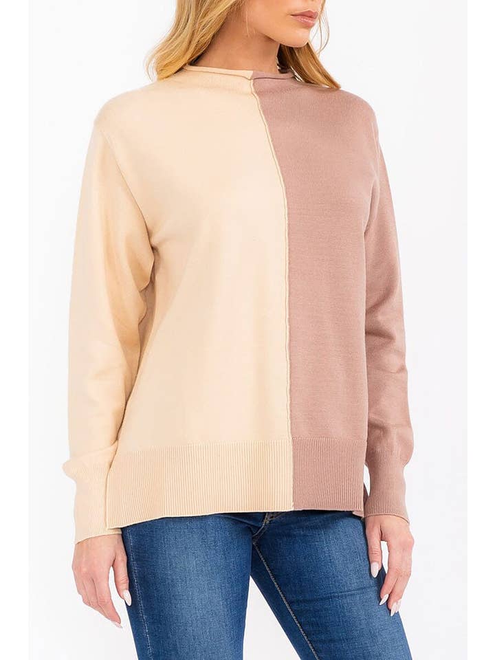 BEIGE TAUPE LONG SLEEVE MOCK NECK KNIT COLORBLOCK TOP for wholesale on Faire