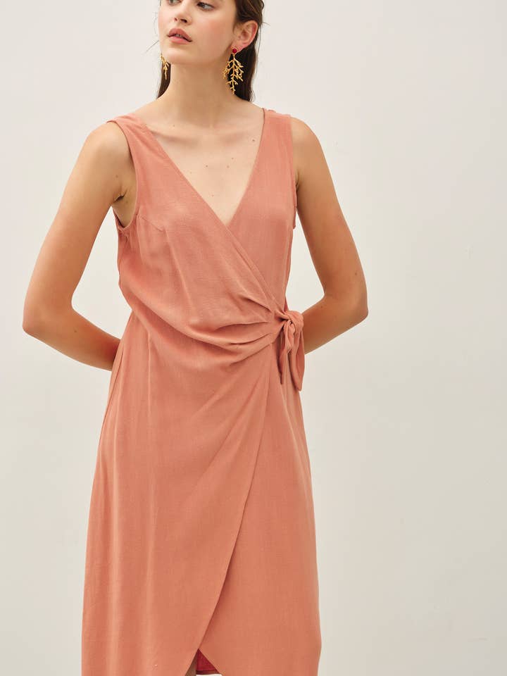 LINEN BLEND MOCK-WRAP MIDI DRESS W/ TIE DETAIL for wholesale by Be Cool