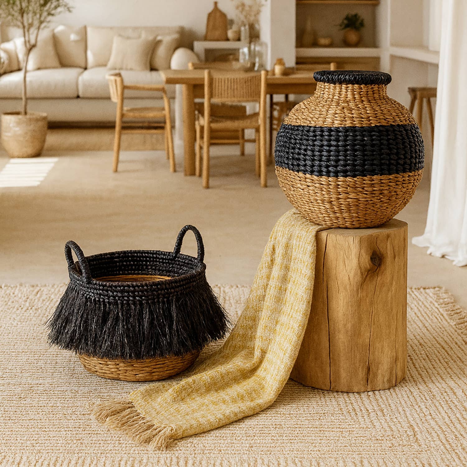 Now's Home - Wholesale Basket - NATURAL ABACA BASKET WITH BLACK FRINGES SMALL DIAM 30CM3