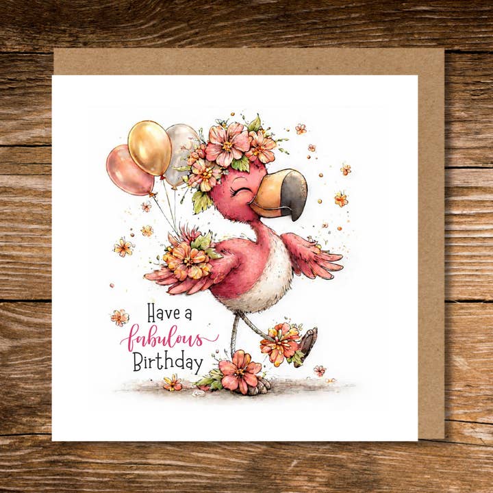 Whimsical Flamingo Birthday Card for wholesale by Country Rose Norfolk