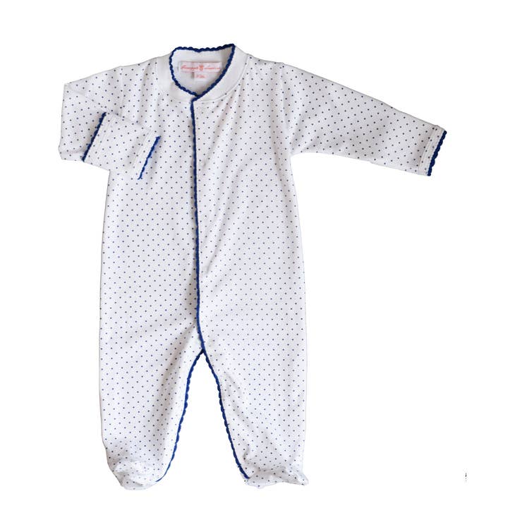 Footie de bolinhas azul royal com acabamento em crochê à mão por atacado de Pineapple Sunshine