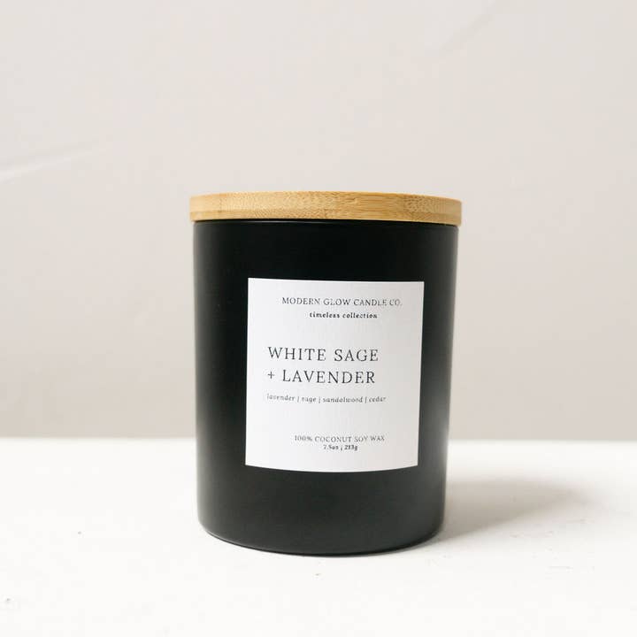 Modern Glow Candle Co. - Wholesale Jar/Filled Candle - White Sage + Lavender - 7oz Matte Black Soy Candle2