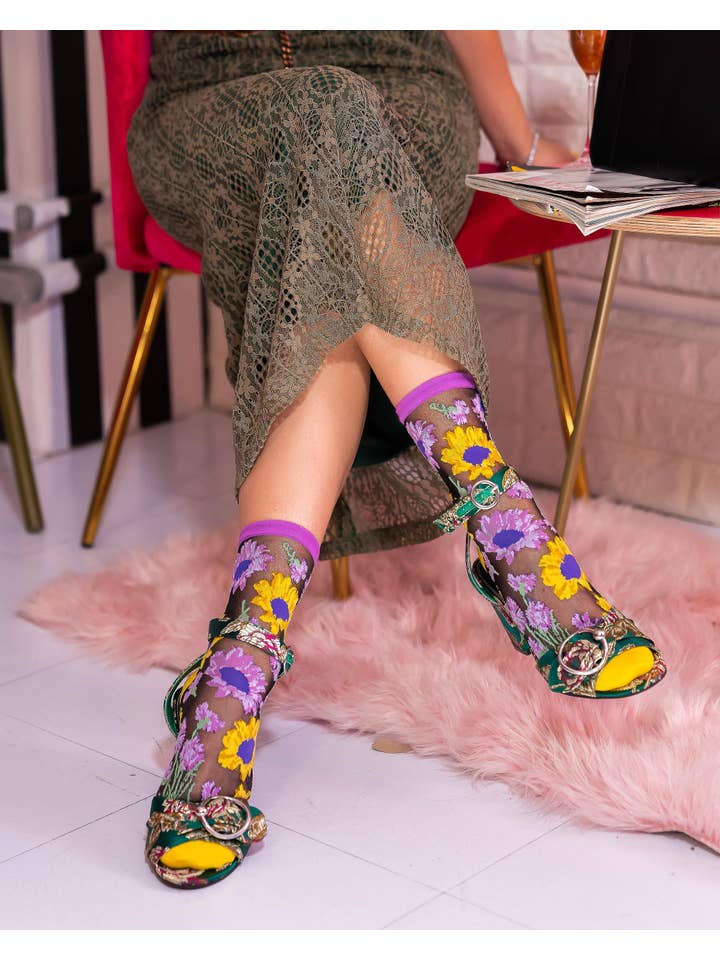 Sock Candy - Wholesale Socks – Women's - Mixed Sunflowers Black Sheer Crew Sock