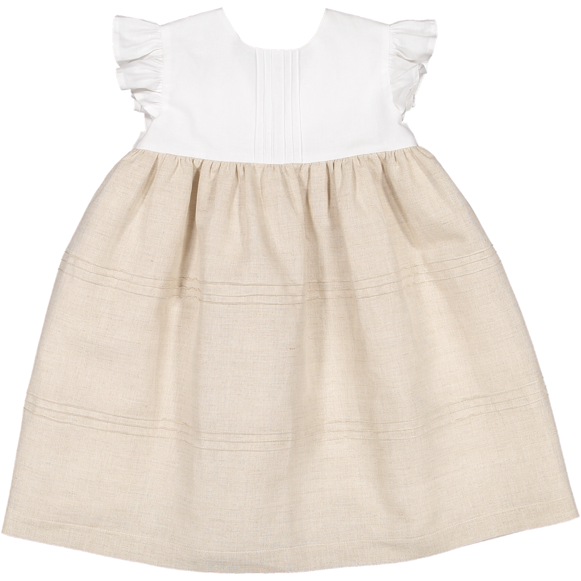 Nós e Tranças - Wholesale Dress - Kids - Vestido Branco&bege Com Nervuras Manga À Cava Com Folho2