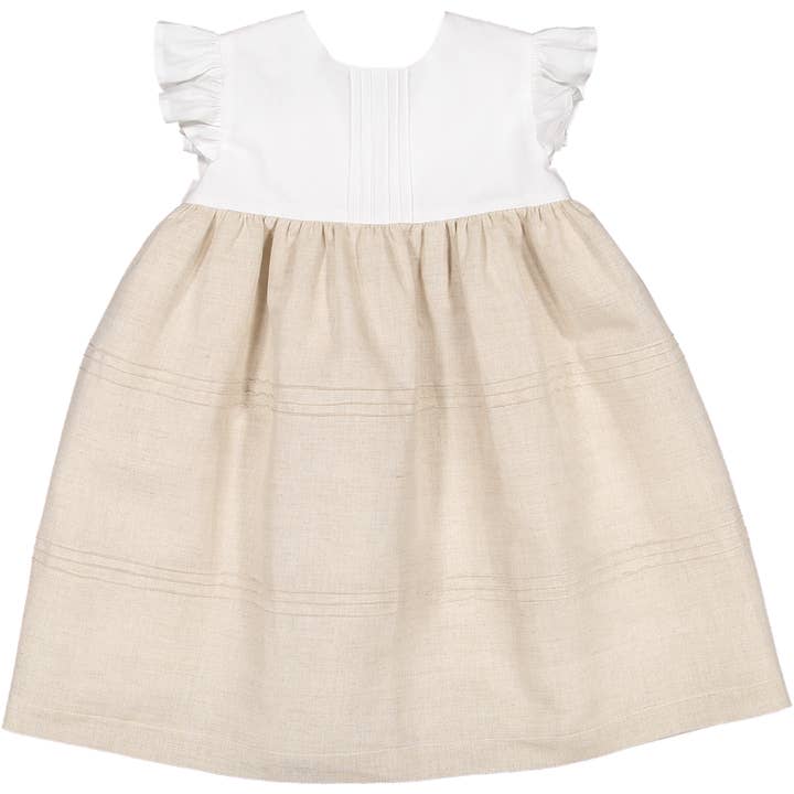 Nós e Tranças - Wholesale Dress - Kids - Vestido Branco&bege Com Nervuras Manga À Cava Com Folho2