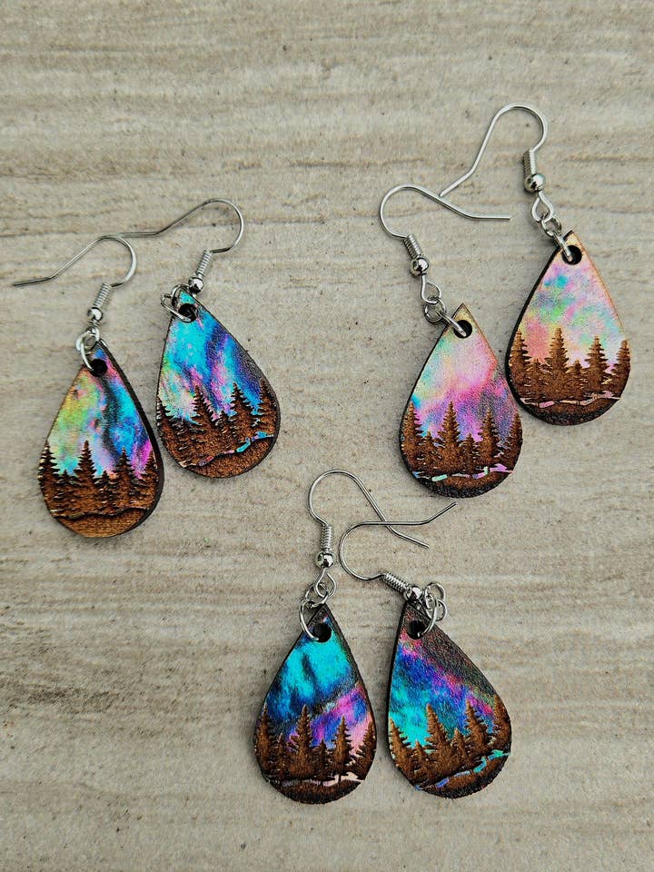 Watercolor Skies Teardrop Forest Trees Earrings for wholesale by Mabel's Way