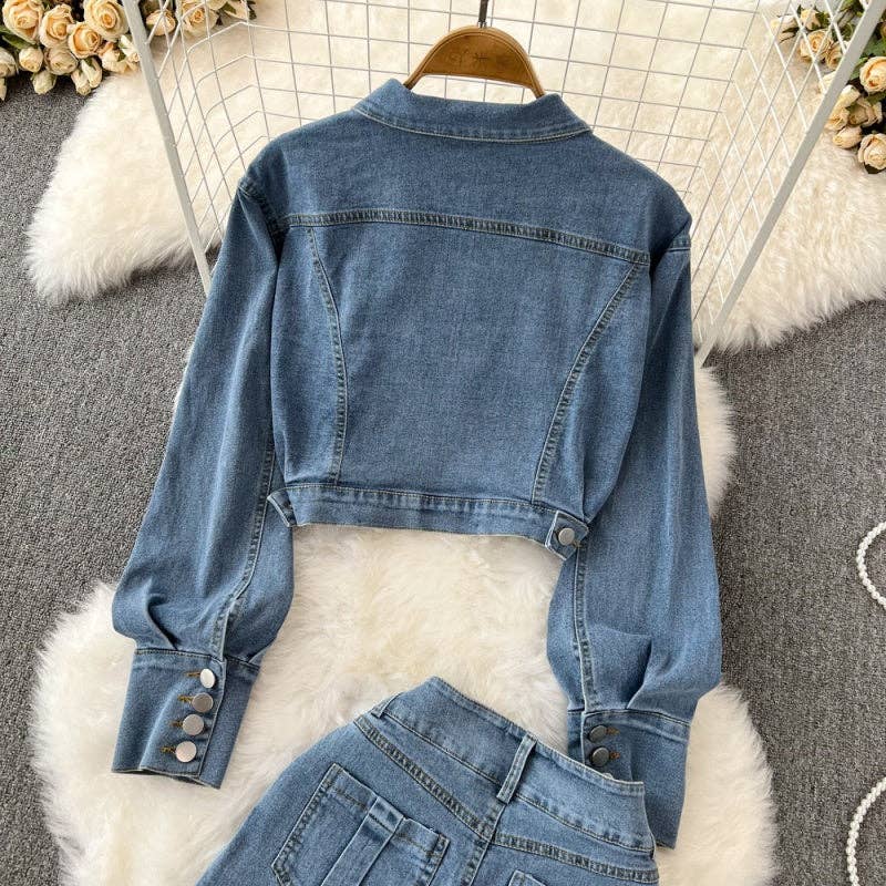 BLUE Cropped Denim Jacket and High-Rise Shorts Set for wholesale on Faire5