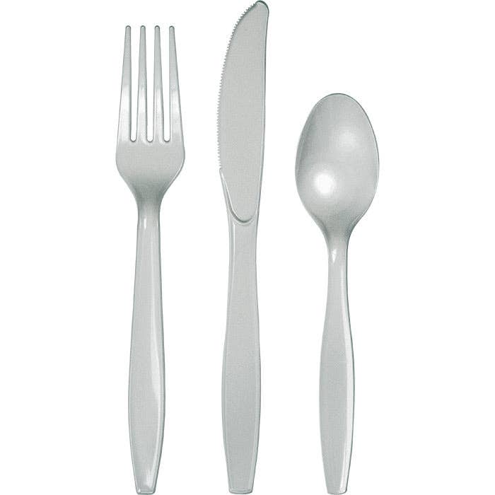 Bulk Shimmering Silver Assorted Plastic Cutlery (12 Pkgs per Case) for wholesale by Bulk Party Decor