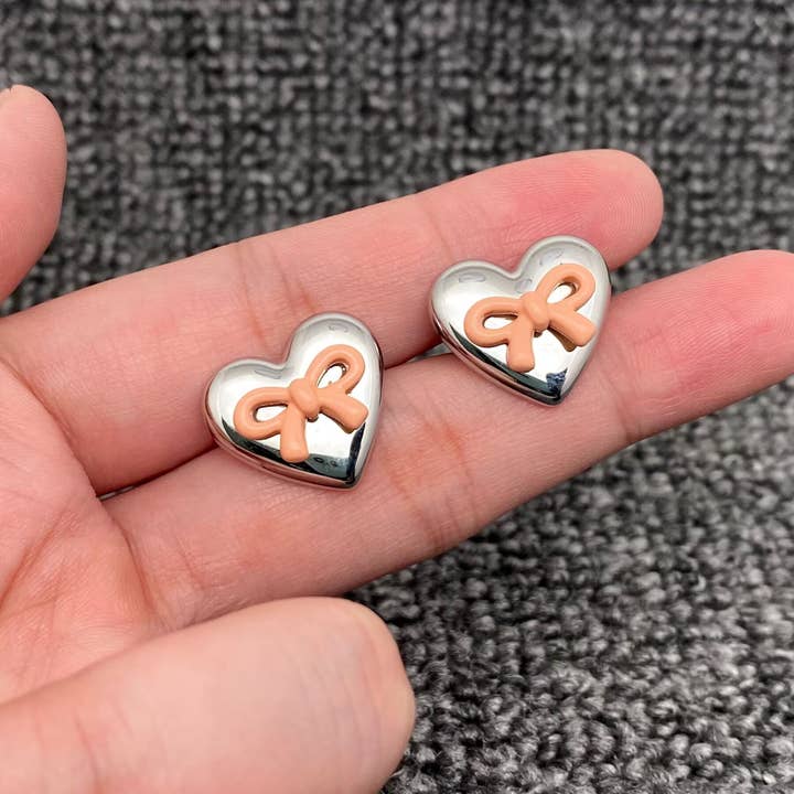 Enamel Bow Stainless Steel Heart Stud Earrings for wholesale by Mio Queena