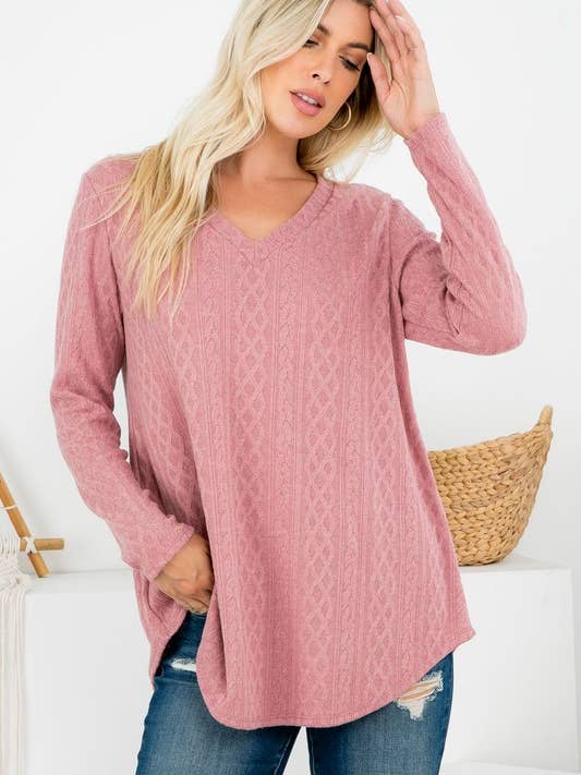 Haut à manches longues en tricot texturé à col en V - Taille Missy pour la vente par Rose Mellow Fashion